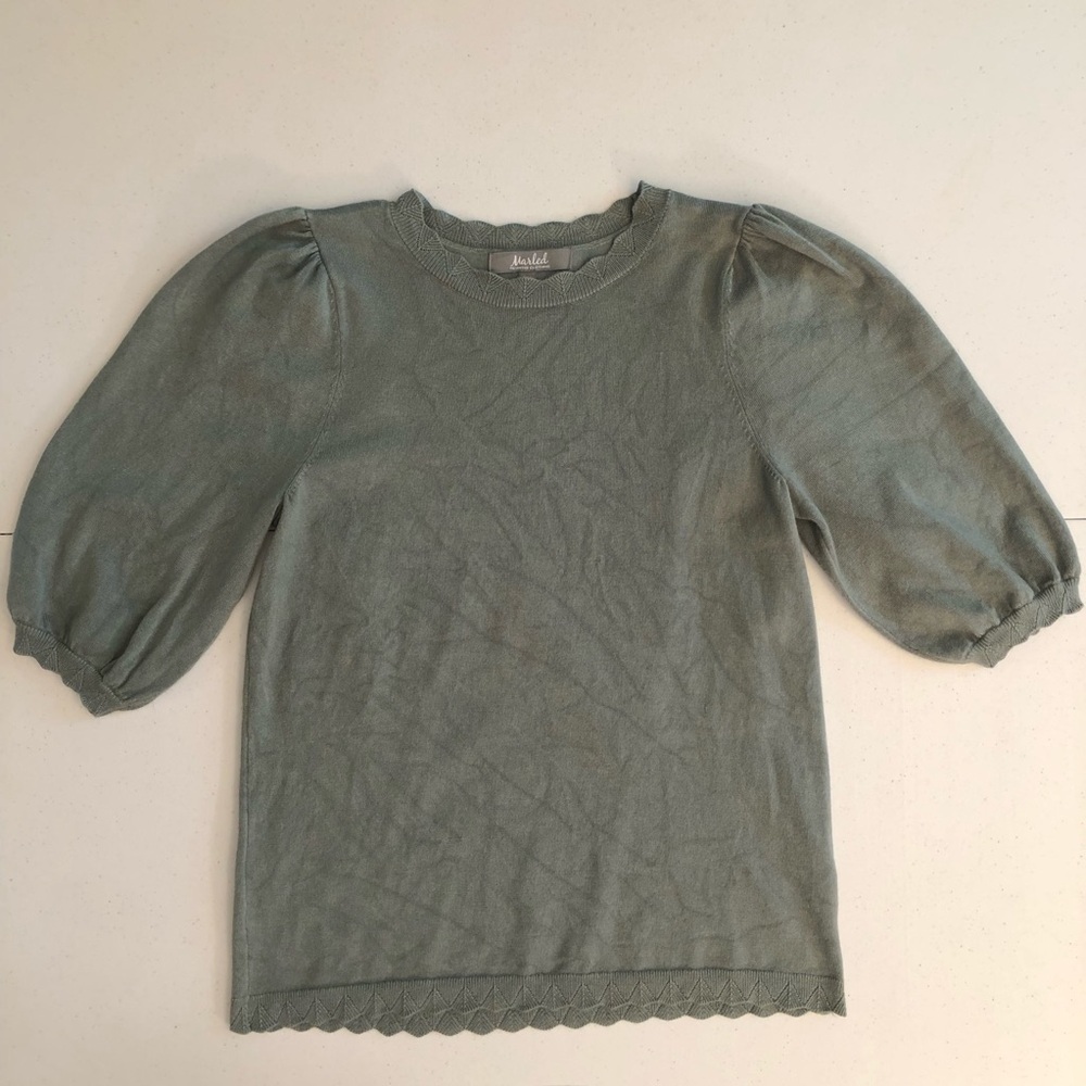 Marled Sage Green Puff Sleeve Crewneck Sweater